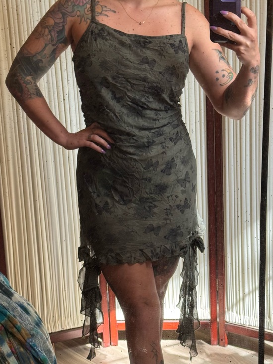Thorn & Fable Dresses & Skirts - Y2K Butterfly Mesh Ruched Mini Dress Handkerchief Hem